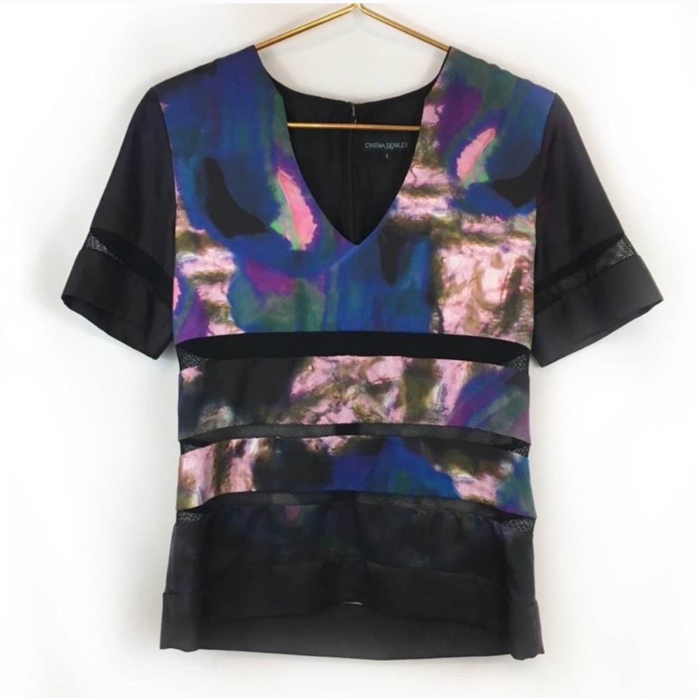Cynthia Rowley Silk Watercolor Mesh Top